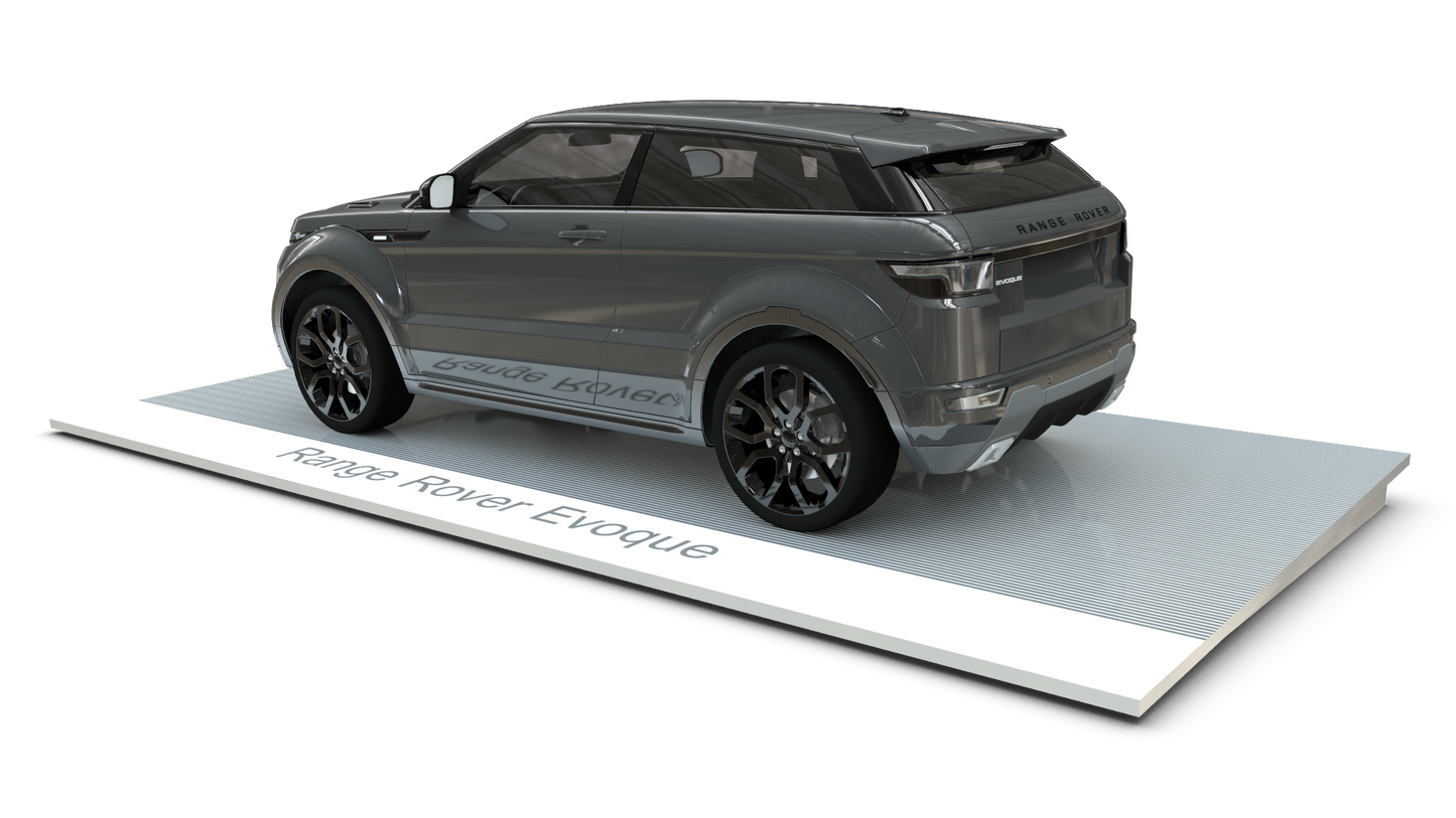 three quarter front view of Car Display Plinth complete with vehicle and deck graphics