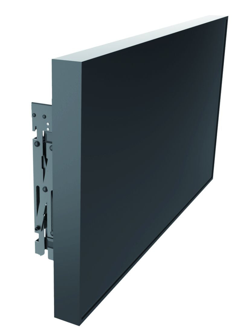 Three quarter front view of pop-out video wall mount with screen