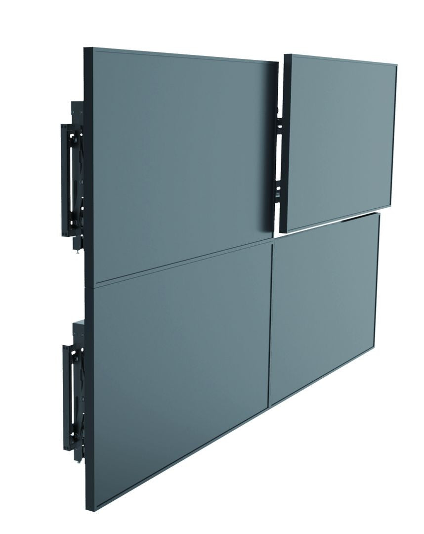 Three quarter front view of pop-out video wall mount with screen open