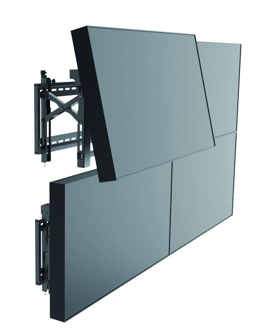 Three quarter front view of pop-out video wall mount and screen open in tilt position
